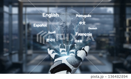Futuristic Robot Hand Displaying Various Language Names with a World Map in a Modern Office Setting. Auvana Futuristic Robot Hand Displaying Various Language Names with a World Map in a Modern Office Setting. Auvana 136482894