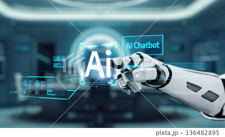 Futuristic robot hand interacting with floating artificial intelligence chatbot interface in a high-tech digital workspace environment. Auvana 136482895