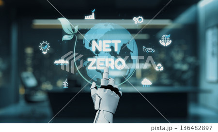 Futuristic Robotic Hand Pointing at Net Zero Concept with Green Earth and Sustainable Icons Representing Eco-Friendly Goals and Innovations in Modern Technology. Auvana 136482897