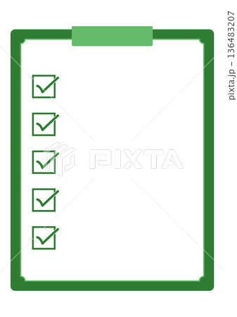 グリーンのフラットデザイン・チェックリストボード素材|白背景のミニマルなビジネス書類イラスト(俯瞰構 グリーンのフラットデザイン・チェックリストボード素材|白背景のミニマルなビジネス書類イラスト(俯瞰構 136483207