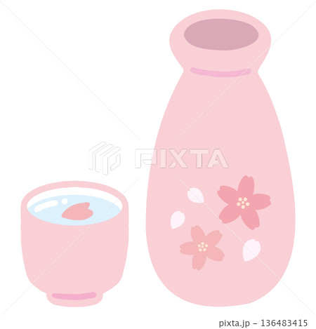 ひな祭りとお花見に使える白酒と徳利の手描きイラスト 136483415