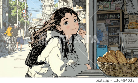 近所のパン屋で焼きたてパンを買う若い女性