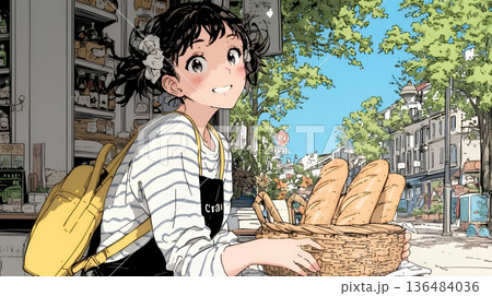 近所のパン屋で焼きたてパンを買う若い女性