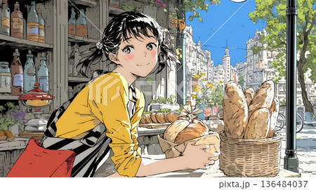 近所のパン屋で焼きたてパンを買う若い女性