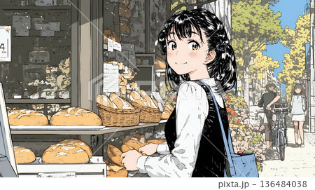 近所のパン屋で焼きたてパンを買う若い女性 近所のパン屋で焼きたてパンを買う若い女性 136484038