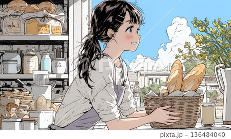 近所のパン屋で焼きたてパンを買う若い女性