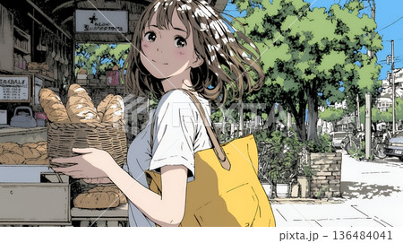 近所のパン屋で焼きたてパンを買う若い女性