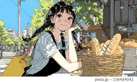 近所のパン屋で焼きたてパンを買う若い女性 近所のパン屋で焼きたてパンを買う若い女性 136484042