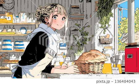 近所のパン屋で焼きたてパンを買う若い女性