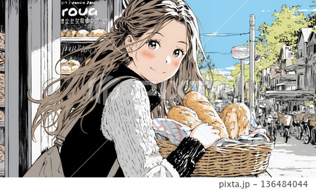 近所のパン屋で焼きたてパンを買う若い女性