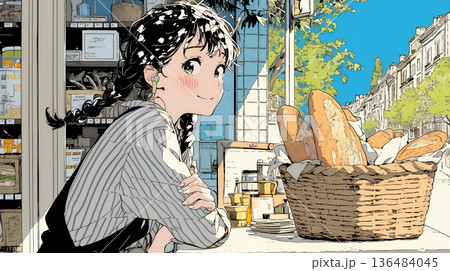 近所のパン屋で焼きたてパンを買う若い女性