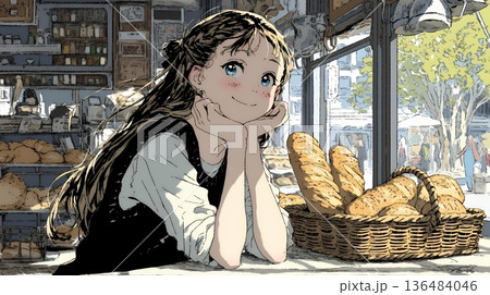 近所のパン屋で焼きたてパンを買う若い女性