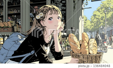 近所のパン屋で焼きたてパンを買う若い女性