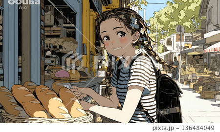 近所のパン屋で焼きたてパンを買う若い女性