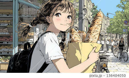 近所のパン屋で焼きたてパンを買う若い女性