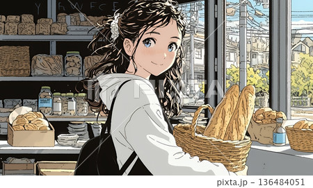 近所のパン屋で焼きたてパンを買う若い女性