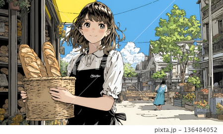 近所のパン屋で焼きたてパンを買う若い女性