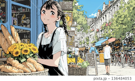 近所のパン屋で焼きたてパンを買う若い女性