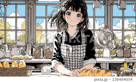 近所のパン屋で焼きたてパンを買う若い女性