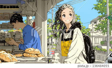 近所のパン屋で焼きたてパンを買う若い女性