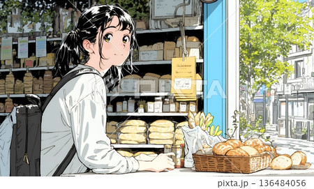 近所のパン屋で焼きたてパンを買う若い女性