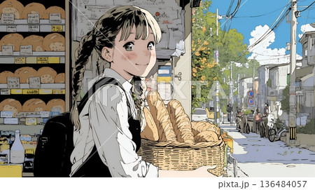 近所のパン屋で焼きたてパンを買う若い女性