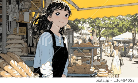 近所のパン屋で焼きたてパンを買う若い女性