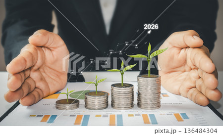 business man and woman hand working with income growth business man and woman hand working with income growth 136484304
