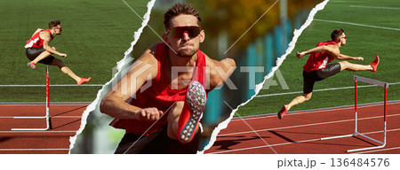 Track athlete jumping hurdles in torn paper composition. Banner 136484576