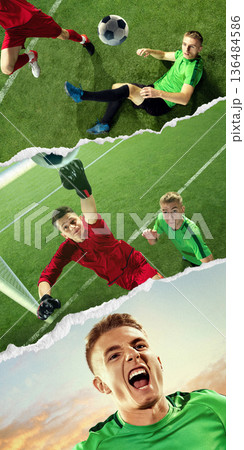 Soccer composition with torn paper effect showing goal attempt, goalkeeper save and celebration. Soccer composition with torn paper effect showing goal attempt, goalkeeper save and celebration. 136484586