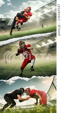 American football collage with torn paper effect showing tackle, pass and line clash in stadium American football collage with torn paper effect showing tackle, pass and line clash in stadium 136484587