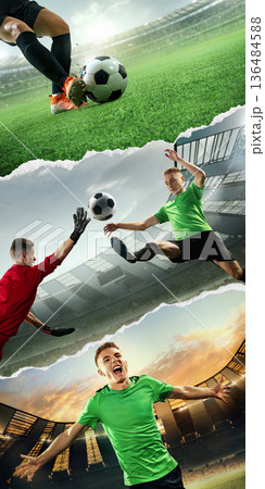 Torn paper soccer composition with flying kick save and goal celebration in stadium. 136484588