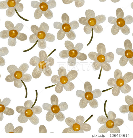 A fresh seamless watercolor pattern featuring white flowers with vibrant yellow centers set against a clean white background. A fresh seamless watercolor pattern featuring white flowers with vibrant yellow centers set against a clean white background. 136484614