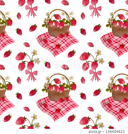 A cheerful seamless watercolor pattern featuring fresh strawberries and a delightful strawberry picnic set against a clean white background. 136484623