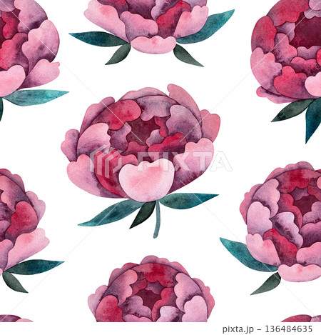 A vibrant seamless watercolor pattern featuring large pink peony flowers paired with turquoise leaves on a clean white background. A vibrant seamless watercolor pattern featuring large pink peony flowers paired with turquoise leaves on a clean white background. 136484635
