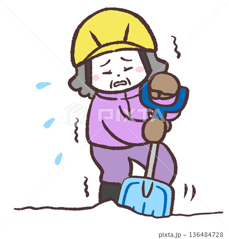 雪かきが大変なシニア女性のイラスト 雪かきが大変なシニア女性のイラスト 136484728