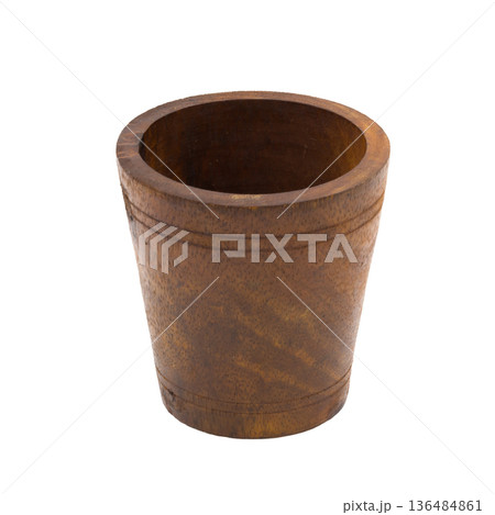 Japanese wooden cup isolated on a white background Japanese wooden cup isolated on a white background 136484861