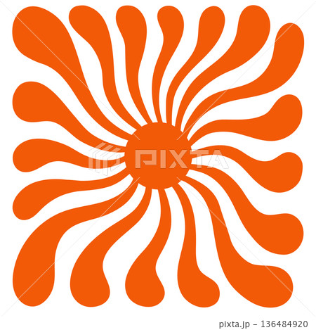 An abstract orange sun with flowing, spiral-like rays radiating from the center. Simple graphic color illustration isolated on white background. An abstract orange sun with flowing, spiral-like rays radiating from the center. Simple graphic color illustration isolated on white background. 136484920