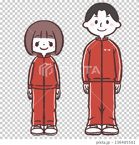Illustration of a man and woman in red jerseys Illustration of a man and woman in red jerseys 136485581