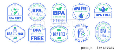 Bpa free badge logo, no bisphenol a and phthalates blue icons 136485583