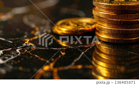 Close-up view shows a stack of gleaming gold coins resting on a polished black marble surface with dramatic lighting creating a sense of wealth and opulence. 136485871