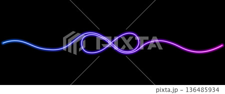 Neon infinity symbol glowing with vibrant blue light. Modern endless loop icon perfect for futuristic designs, digital art projects, and infinity concepts. 136485934