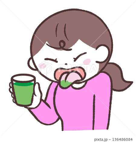 緑の液体を飲んで舌を出す女性のイラスト 緑の液体を飲んで舌を出す女性のイラスト 136486084