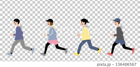 Boys and girls wearing caps running and sweating Boys and girls wearing caps running and sweating 136486567