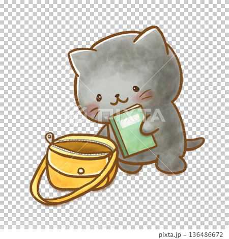 水彩插畫描繪了一隻黑貓在花園裡的生活，一隻貓正在翻閱通訊錄。 136486672