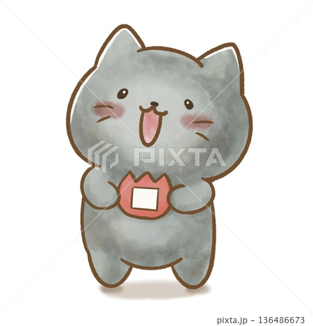 自分の名札を嬉しそうに持つ黒猫のキャラクター。進級やクラス替え、新学期の自己紹介。水彩の可愛い動物素 136486673
