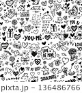 valentine seamless pattern background, cute drawing cartoon of Valentine with heart, cupid, pet, text outline isolated on white background 136486766