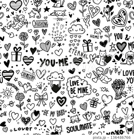 valentine seamless pattern background, cute drawing cartoon of Valentine with heart, cupid, pet, text outline isolated on white background 136486766