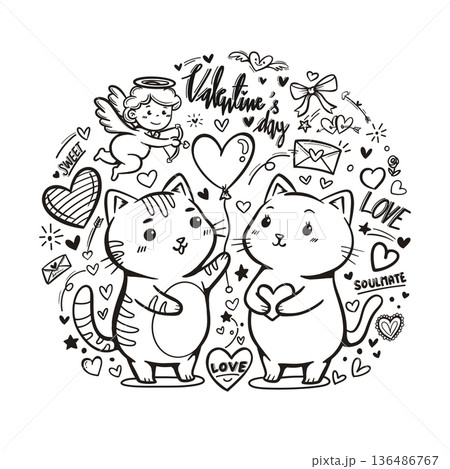 cute drawing cartoon of Valentine with two cat, heart, cupid, balloon, love letter, text outline isolated on white background 136486767