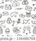 valentine seamless pattern background, cute drawing cartoon of heart, love, ring, rose, letter, Champagne, cup cake, key, calendar isolated on white background, flat minimal style 136486768